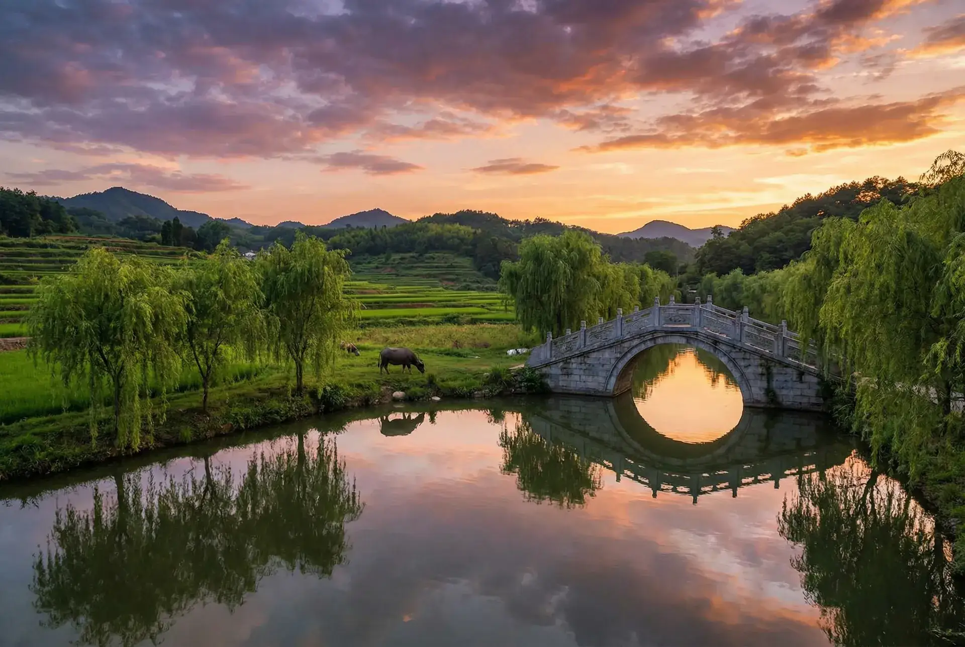 夕阳下的石拱桥与垂柳，水牛在河边吃草 - 厨房美妇雪臀 乡村美景